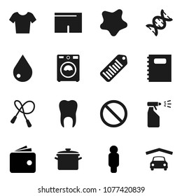 Flat vector icon set - water drop vector, splotch, washer, sprayer, pan, copybook, wallet, man, jump rope, shorts, t shirt, prohibition sign, barcode, dna, tooth, garage