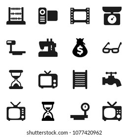 Flat vector icon set - water tap vector, washboard, glasses, abacus, money bag, sand clock, big scales, film frame, tv, video camera, kitchen, sewing machine