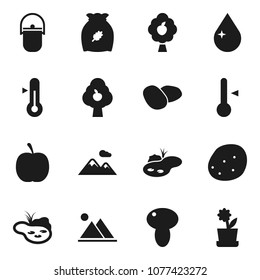 Flat vector icon set - water drop vector, camping cauldron, thermometer, cereal, mushroom, potato, diet, pond, fruit tree, mountain, flower in pot