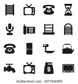 Flat vector icon set - water tap vector, washboard, kettle, abacus, sand clock, phone, big scales, tv, microphone, classic, fridge, money bag