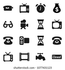Flat vector icon set - water tap vector, glasses, alarm clock, money bag, sand, film frame, tv, video camera, classic phone, closed