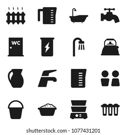 Flat vector icon set - water tap vector, bucket, bath, foam basin, closet, kettle, measuring cup, double boiler, jug, enegry drink, heating, filter