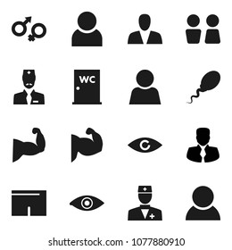 Flat vector icon set - water closet vector, manager, muscule hand, shorts, doctor, eye, gender sign, sperm, user, consumer