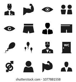 Flat vector icon set - water closet vector, manager, muscule hand, shorts, doctor, eye, gender sign, sperm, user, consumer