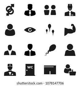 Flat vector icon set - water closet vector, manager, muscule hand, shorts, doctor, eye, gender sign, sperm, user, consumer, customer