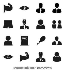 Flat vector icon set - water closet vector, manager, muscule hand, shorts, doctor, eye, sperm, user, consumer, customer