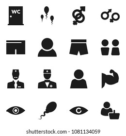 Flat vector icon set - water closet vector, muscule hand, shorts, doctor, eye, gender sign, sperm, user, consumer, customer