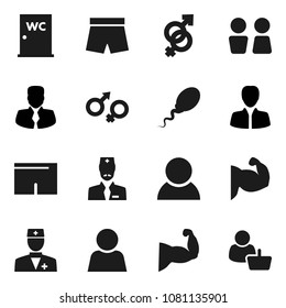 Flat vector icon set - water closet vector, manager, muscule hand, shorts, doctor, gender sign, sperm, user, consumer, customer