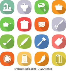 flat vector icon set - water tap vector, sink, mixer, pan, saute, colander, whisk, ladle, rolling pin, meat hammer, cutting board, gas oven, grater, hot pepper, paper towel