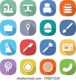 flat vector icon set - water tap vector, table, toaster, plate washing, pan, handle scales, egg timer, big spoon, knife holder, chef, meat hammer, grill oven, elecric, induction, sieve, eggplant