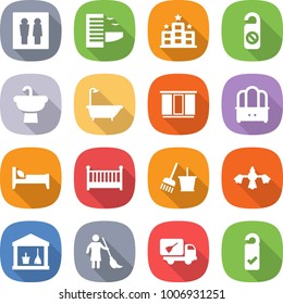 flat vector icon set - wc vector, hotel, do not distrub, sink, bath, wardrobe, dresser, bed, crib, bucket and broom, hard reach place cleaning, utility room, brooming, home call, please clean