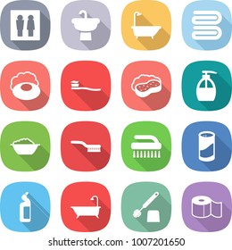 flat vector icon set - wc vector, sink, bath, towel, soap, tooth brush, sponge with foam, liquid, basin, cleanser powder, toilet, paper