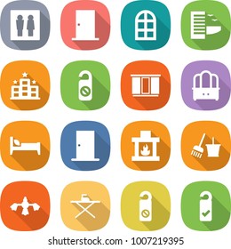 flat vector icon set - wc vector, door, arch window, hotel, do not distrub, wardrobe, dresser, bed, fireplace, bucket and broom, hard reach place cleaning, iron board, please clean