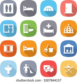 flat vector icon set - wc vector, hospital bed, hangare, door, plan, hotel, wardrobe, bucket and broom, utility room, water tap sink, brooming, home call cleaning, iron board