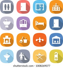 flat vector icon set - wc vector, door, plan, hotel, sink, dresser, bed, fireplace, bucket and broom, hard reach place cleaning, utility room, water tap, brooming, iron board, do not distrub