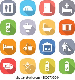flat vector icon set - wc vector, hangare, door, hospital, do not distrub, sink, bath, wardrobe, bed, bucket and broom, utility room, brooming, home call cleaning, iron board, please clean