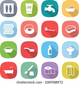 flat vector icon set - wc vector, uv cream, water tap, washing, towel, soap, tooth brush, sponge with foam, basin, toilet cleanser, sink, bath, paper