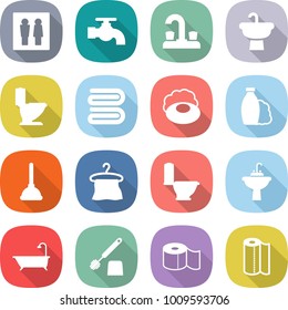 flat vector icon set - wc vector, water tap, sink, toilet, towel, soap, shampoo, plunger, hanger, bath, brush, paper
