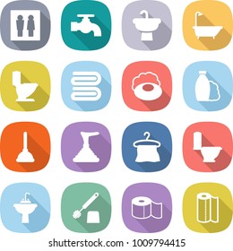flat vector icon set - wc vector, water tap, sink, bath, toilet, towel, soap, shampoo, plunger, hanger, brush, paper