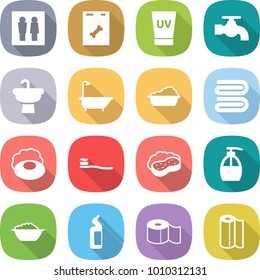 flat vector icon set - wc vector, roentgen, uv cream, water tap, sink, bath, washing, towel, soap, tooth brush, sponge with foam, liquid, basin, toilet cleanser, paper