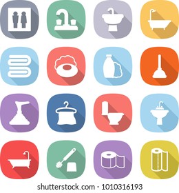 flat vector icon set - wc vector, water tap, sink, bath, towel, soap, shampoo, plunger, hanger, toilet, brush, paper