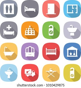 flat vector icon set - wc vector, hospital bed, door, plan, hotel, do not distrub, sink, bath, dresser, crib, utility room, water tap, home call cleaning, iron board