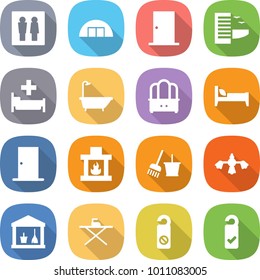 flat vector icon set - wc vector, hangare, door, hotel, hospital, bath, dresser, bed, fireplace, bucket and broom, hard reach place cleaning, utility room, iron board, do not distrub, please clean