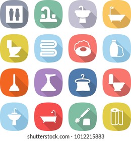 flat vector icon set - wc vector, water tap, sink, bath, toilet, towel, soap, shampoo, plunger, hanger, brush, paper
