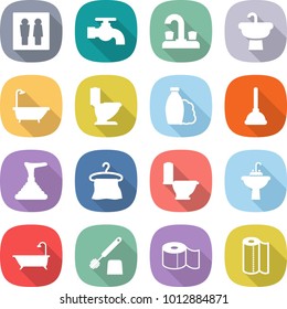 flat vector icon set - wc vector, water tap, sink, bath, toilet, shampoo, plunger, hanger, brush, paper, towel