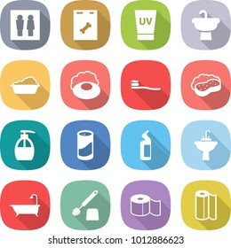 flat vector icon set - wc vector, roentgen, uv cream, sink, washing, soap, tooth brush, sponge with foam, liquid, cleanser powder, toilet, water tap, bath, paper, towel
