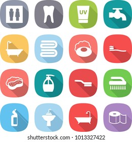 flat vector icon set - wc vector, tooth, uv cream, water tap, bath, towel, soap, brush, sponge with foam, liquid, toilet cleanser, sink, paper