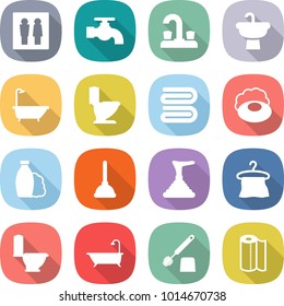 flat vector icon set - wc vector, water tap, sink, bath, toilet, towel, soap, shampoo, plunger, hanger, brush, paper