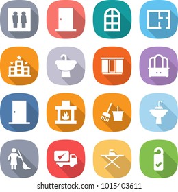 flat vector icon set - wc vector, door, arch window, plan, hotel, sink, wardrobe, dresser, fireplace, bucket and broom, water tap, brooming, home call cleaning, iron board, please clean