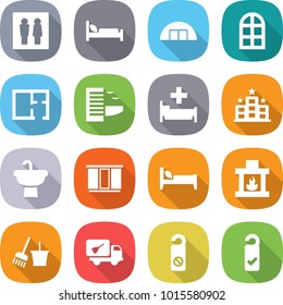 flat vector icon set - wc vector, hospital bed, hangare, arch window, plan, hotel, sink, wardrobe, fireplace, bucket and broom, home call cleaning, do not distrub, please clean