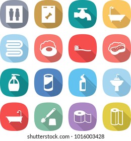 flat vector icon set - wc vector, roentgen, water tap, bath, towel, soap, tooth brush, sponge with foam, liquid, cleanser powder, toilet, sink, paper