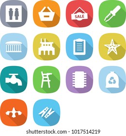 flat vector icon set - wc vector, remove from basket, sale, pipette, airport building, factory, clipboard, starfish, water tap, Chair for babies, chip, garbage bag, hard reach place cleaning