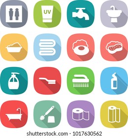 flat vector icon set - wc vector, uv cream, water tap, sink, washing, towel, soap, sponge with foam, liquid, brush, toilet cleanser, bath, paper