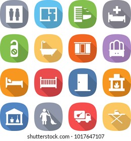 flat vector icon set - wc vector, plan, hotel, hospital, do not distrub, bath, wardrobe, dresser, bed, crib, door, fireplace, utility room, brooming, home call cleaning, iron board