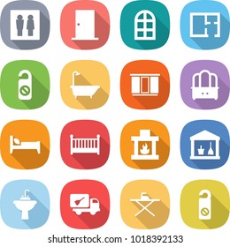 flat vector icon set - wc vector, door, arch window, plan, do not distrub, bath, wardrobe, dresser, bed, crib, fireplace, utility room, water tap sink, home call cleaning, iron board