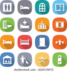 flat vector icon set - wc vector, hospital bed, arch window, plan, hotel, wardrobe, crib, door, hard reach place cleaning, utility room, brooming, iron board, please clean
