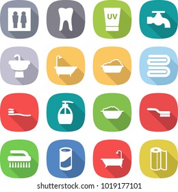 flat vector icon set - wc vector, tooth, uv cream, water tap, sink, bath, washing, towel, brush, liquid soap, foam basin, cleanser powder, paper