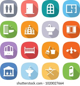 flat vector icon set - wc vector, door, arch window, plan, hotel, sink, wardrobe, dresser, crib, bucket and broom, hard reach place cleaning, utility room, water tap, iron board, please clean
