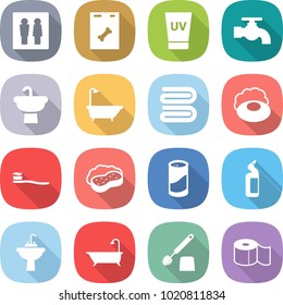 flat vector icon set - wc vector, roentgen, uv cream, water tap, sink, bath, towel, soap, tooth brush, sponge with foam, cleanser powder, toilet, paper