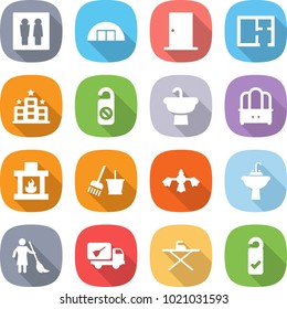 flat vector icon set - wc vector, hangare, door, plan, hotel, do not distrub, sink, dresser, fireplace, bucket and broom, hard reach place cleaning, water tap, brooming, home call, iron board