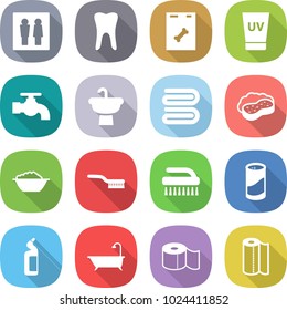 flat vector icon set - wc vector, tooth, roentgen, uv cream, water tap, sink, towel, sponge with foam, basin, brush, cleanser powder, toilet, bath, paper