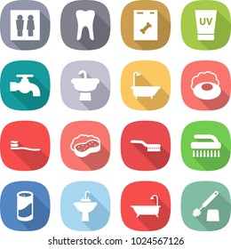 flat vector icon set - wc vector, tooth, roentgen, uv cream, water tap, sink, bath, soap, brush, sponge with foam, cleanser powder, toilet