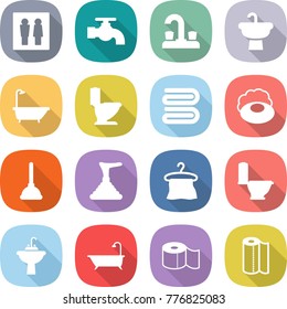 flat vector icon set - wc vector, water tap, sink, bath, toilet, towel, soap, plunger, hanger, paper