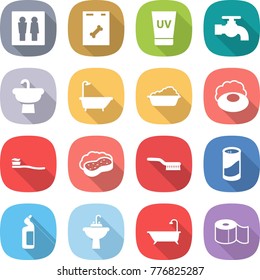 flat vector icon set - wc vector, roentgen, uv cream, water tap, sink, bath, washing, soap, tooth brush, sponge with foam, cleanser powder, toilet, paper