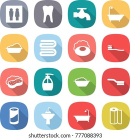 flat vector icon set - wc vector, tooth, water tap, bath, washing, towel, soap, brush, sponge with foam, liquid, basin, cleanser powder, sink, paper