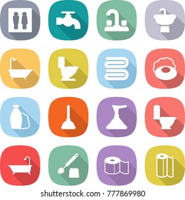 flat vector icon set - wc vector, water tap, sink, bath, toilet, towel, soap, shampoo, plunger, brush, paper